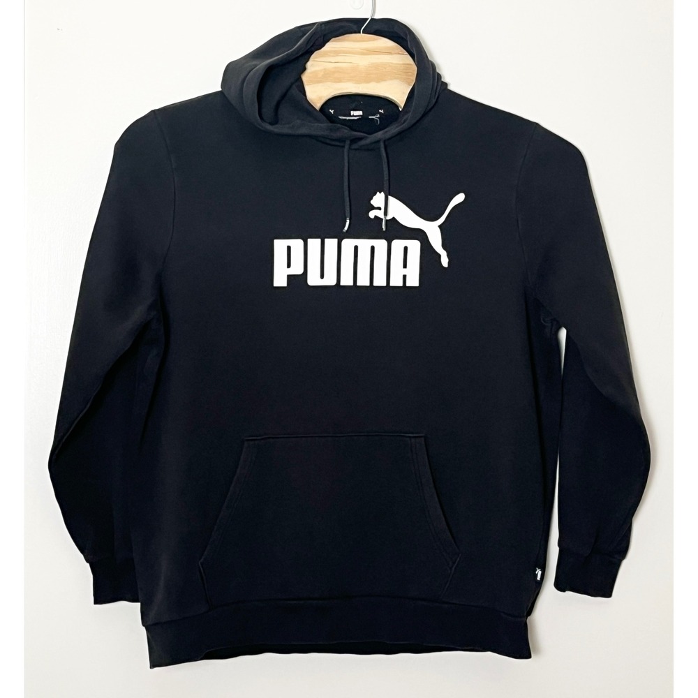 Puma Essentials Big Logo Hoodie Mens XL Black White Pullover Sweatshirt Fleece